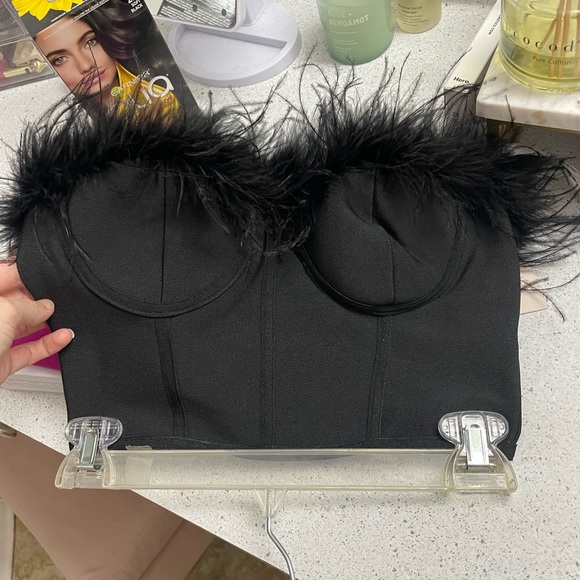 Superdown Ramona bustier black crop tube top feather trim new with tags small - Picture 2 of 3